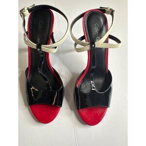 Calvin Klein Womens Black Patent Leather & Red Sole High Heel Sandals With White